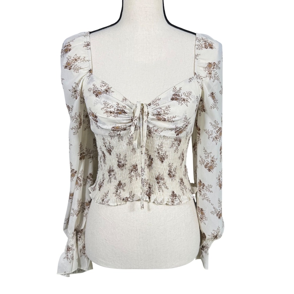 Blush J Floral Smocked Long Sleeve Crop Top Cream Brown Cottagecore Women's S